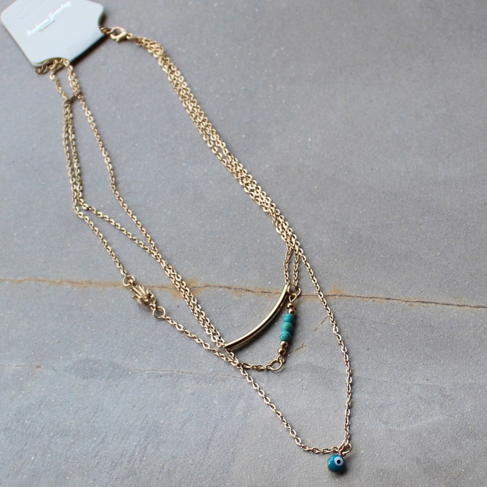 Boho Multi Layer Hamsa Fatima Evil Eye Necklace - Picture 2 of 7